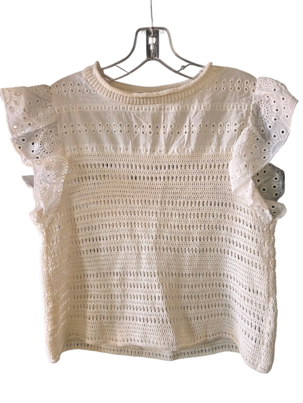 Zara Cream Eyelet Crochet Knit Flutter Sleeve Blouse Size Medium